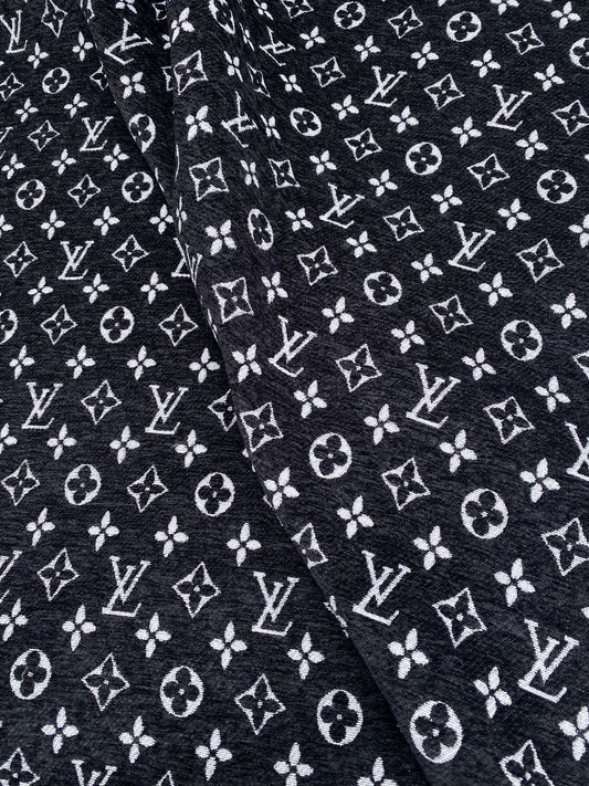 Black Chenille LV Fabric Louis Vuitton Designer Furniture Fabric for Handmade DIY Sewing