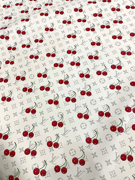 White Grey Cherry Takashi Murakami LV Leather Designer Fabric